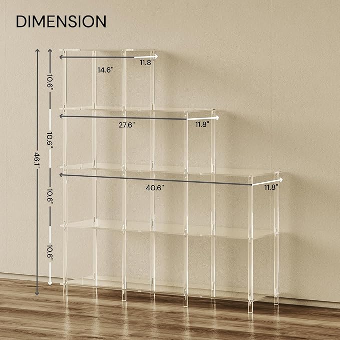 5-Tier Acrylic Bookshelf, 9 Cube Bookcase, Clear Open Stepped Book Shelf for Home Office, Living Room, Bedroom, Easy Assembly, 11.8" D x 40.6" W x 46.1" H