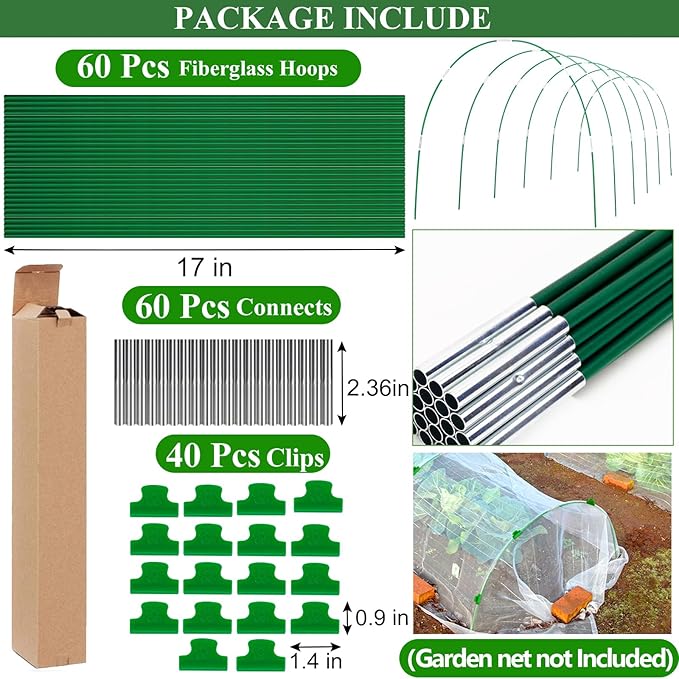 60Pcs Greenhouse Hoops Grow Tunnel Wide, 8FT Rust-Free Fiberglass Support Garden Hoops Kit for Raised Beds Plant Cloth Row Cover Netting-DIY Plant Support Garden Hoop for Netting-40Pcs Clips