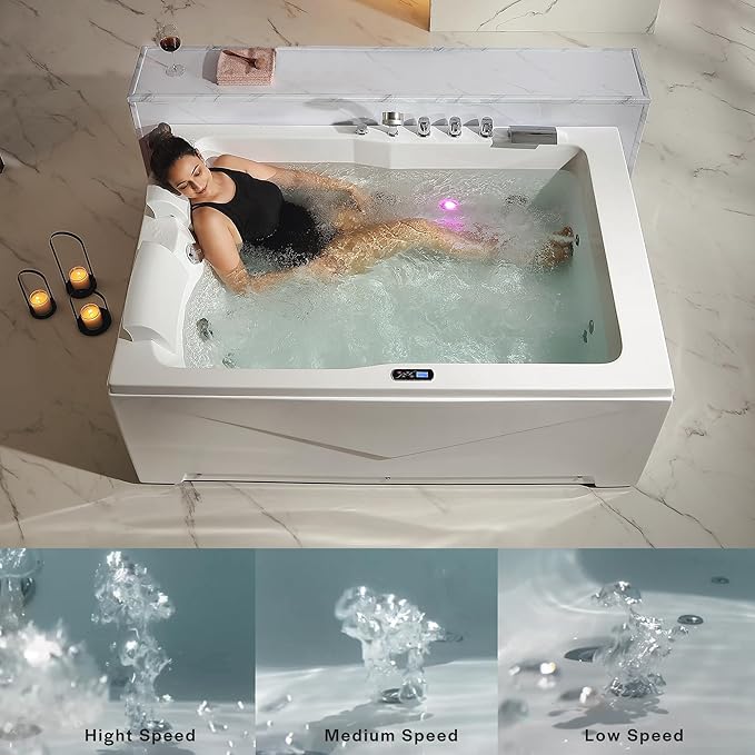Empava 2 Person Heated Soaking Whirlpool Bathtub, 71” Jetted Tubs with 16 Jets(8 Water Jetted + 8 Air Bubble), Acrylic SPA Bath Tub, with LED control panel, Faucet and two white pillows