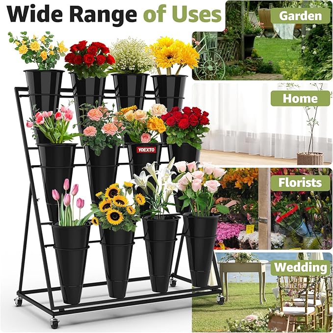 Flower Display Stand 3 Layers with 12 PCS Round Buckets, Plant Stand with Wheels, Movable Metal Plant Stand for Terrace Garden, Florist Shop