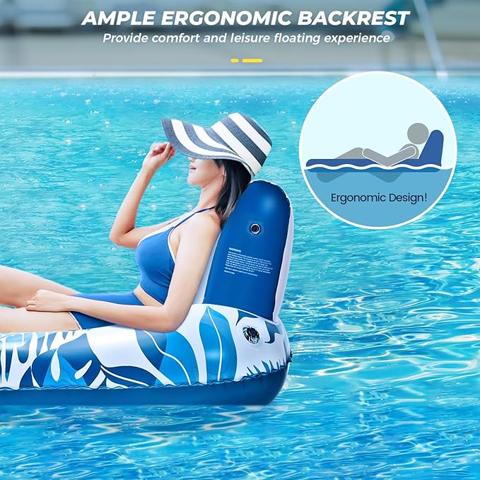 Pool Floats Adult 1-2-3 Person Inflatable Lounger, Extra Large Tanning Recliner Floaty Chair Raft with Backrest, Footrest, Cup Holder for Pool, Lake, River, Beach, Ocean & Party Use