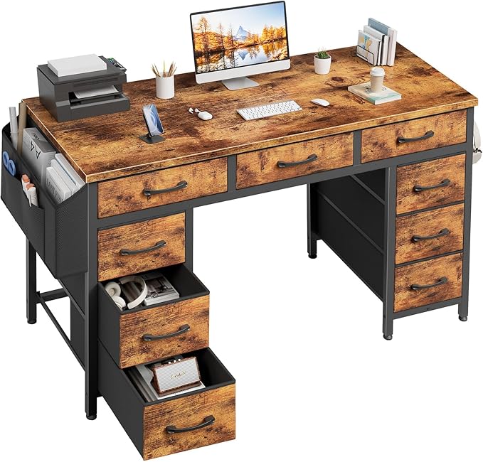 Lufeiya 47 Inch Computer Desk with 9 Drawers, Office Desk Work Desk for Home Office, Study, Writing Desk with Fabric Drawers on Both Sides, Large Storage, Rustic Brown