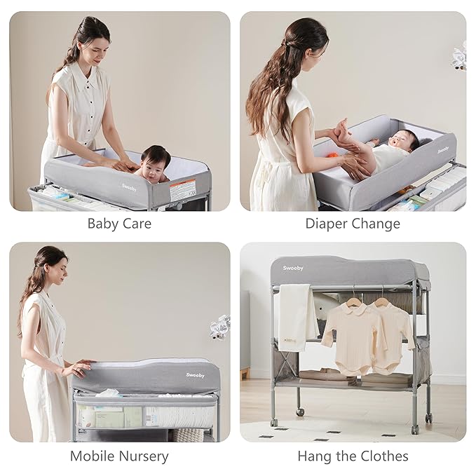 Sweeby Portable Baby Changing Table, Foldable Diaper Changing Station with Waterproof Pad, Mobile Nursery Organizer for Infant & Newborn Essentials, Grey