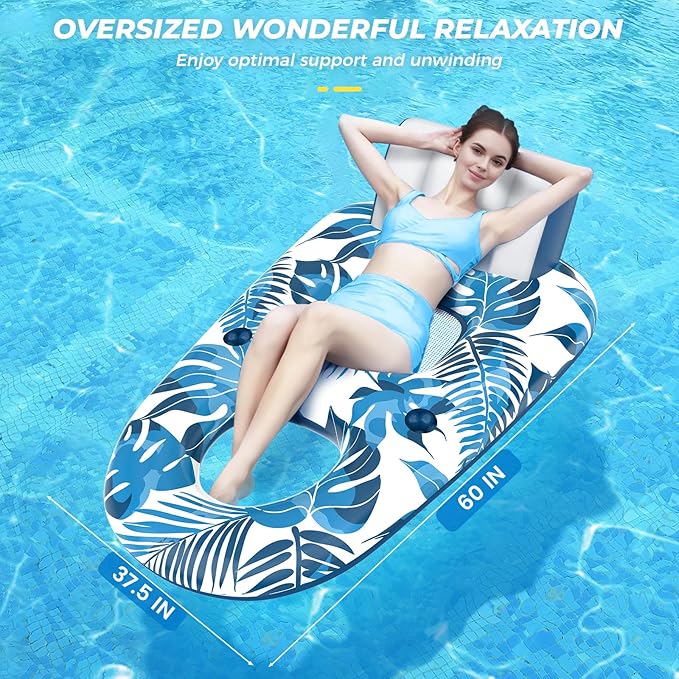 Pool Floats Adult 1-2-3 Person Inflatable Lounger, Extra Large Tanning Recliner Floaty Chair Raft with Backrest, Footrest, Cup Holder for Pool, Lake, River, Beach, Ocean & Party Use