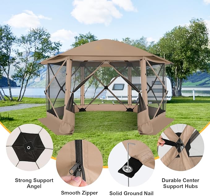 COBlZl Pop Up Gazebo 12x12 Screen House Tent for Camping, Outdoor Instant Stargazing Gazebo Canopy with Awning 2.0, Portable Hub Tent with Mosquito Netting, Pavilion for Backyard,Khaki