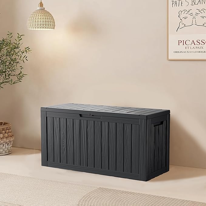 80GAL Black Outdoor Deck Box with Lockable Lid - Waterproof, SGS - Tested UV Resistance, Offers Ample Space for Patio Cushions, Pool Accessories, and Gardening Supplies, Simple Assembly Process