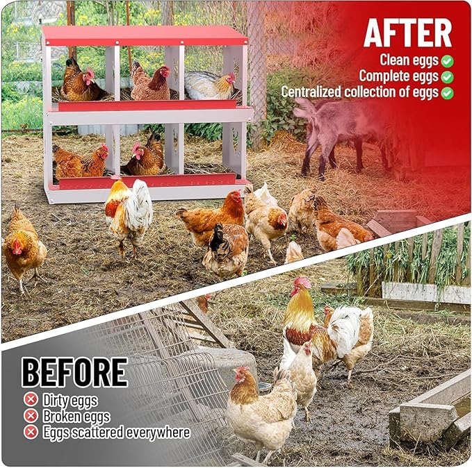Chicken Nesting Box, Heavy-Duty Metal Chickens Laying Boxes with 6 Compartments, Large Vented Holes Hens Laying Box, Chicken Coop with Rollout Egg Collection, Wall Mount - Red
