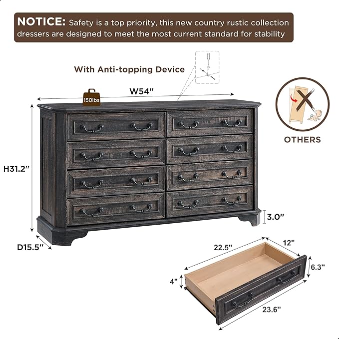 T4TREAM Farmhouse 8 Drawers Dresser for Bedroom, 54" Wide Wood Rustic Chest of Drawers with Natural Texture, Vintage Design, Storage Dressers Organizer for Bedroom, Living Room, Dark Rustic Oak