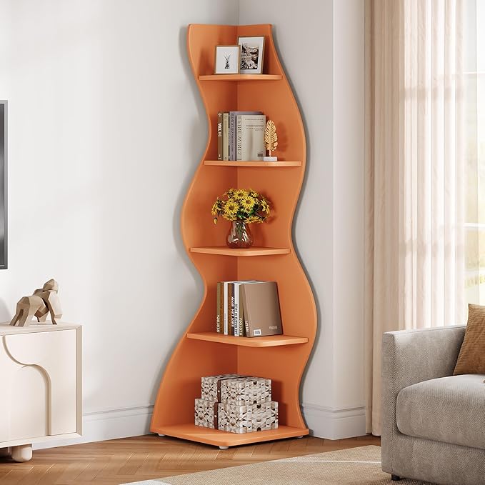 Tribesigns Wavy Corner Shelf, Modern 5-Tier Bookshelf Bookcase with Curvy Shape, Unique Plant Stand Display Rack for Living Room Small Space (Orange)