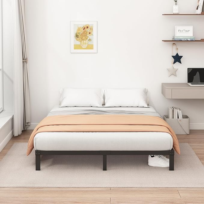 9 Inch Low Queen Bed Frame Heavy Duty Metal Platform, No Box Spring Needed, Easy Assembly Mattress Foundation, No Noise, Black