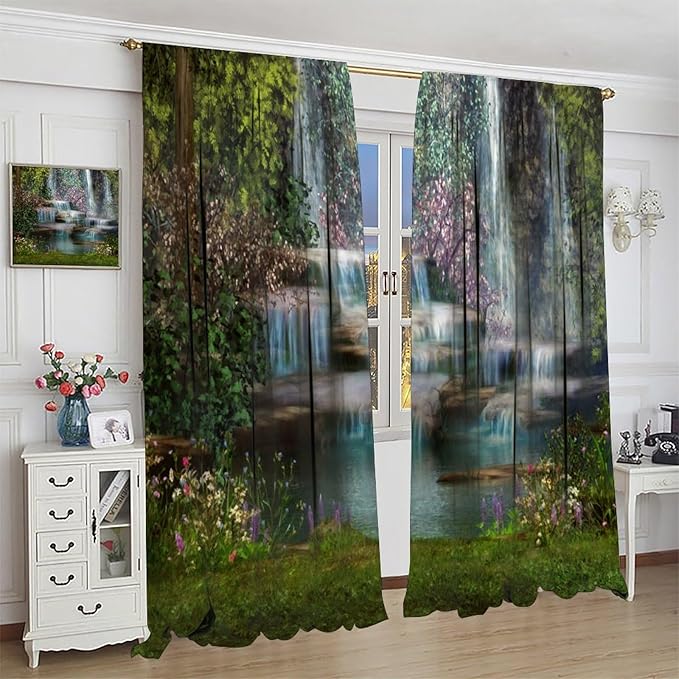 Natural Waterfall Blackout Window Curtains, Waterfalls Flowers Trees Landscape Window Drapes, for Living Room Bedroom 55" W X 63" L