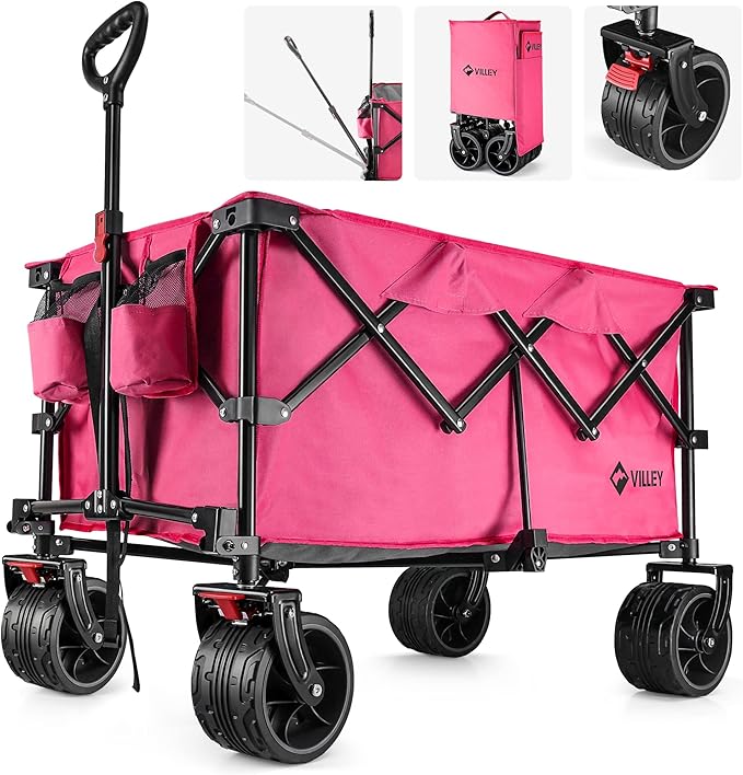 VILLEY Collapsible Folding Wagon with Big Wheels, Enlarged 225lbs Capacity, All Terrain Wagons Carts Heavy Duty Foldable, Portable Utility Garden Cart with 2 Cup Holders and Brake, Pink