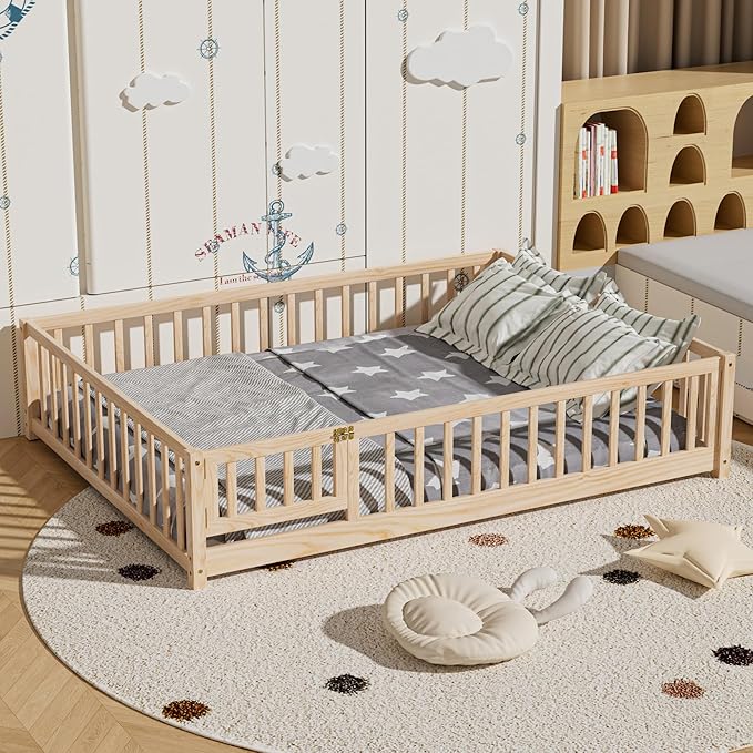 i-POOK Full Floor Bed for Children, Sturdy Wood Montessori Bed Frame with Wood Slats, Fence & Door, Montessori Floor Bed for Girls and Boys, Natural (with Bed Slats)