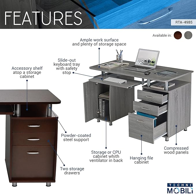 47.5'' Computer Desk with File Cabinet and Drawers, Storage Cabinet with Removable Shelf and Ventilation for CPU, Home Office Desk or Computer Workstation with Keyboard Tray, Grey
