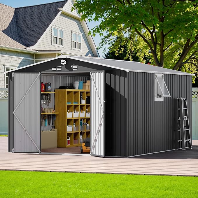 10x12 FT Outdoor Storage Shed, Metal Garden Shed - Tool Storage Sheds with Lockable Doors & 1 Vented Clear Window, Waterproof Outside Storage Building for Backyard, Patio (Black; Floor Not Included)