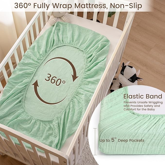 david's kids Muslin Mini Crib Sheets, 2 Pack Cotton Pack N Play Sheets for Boys Girls Neutral, Soft Breathable Baby Sheets Fit Pack N Play, Playard and Mini Crib Mattresses, Beige & Green