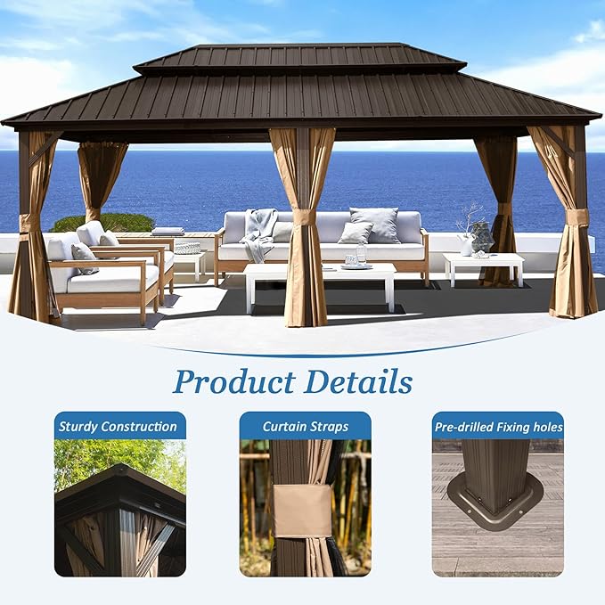 Domi 12' x 20' Hardtop Gazebo Permanent Metal Gazebo with Galvanized Steel Double Roof, Curtains and Netting for Party, Wedding, Outdoor Dining, Patio, Backyard, Brown