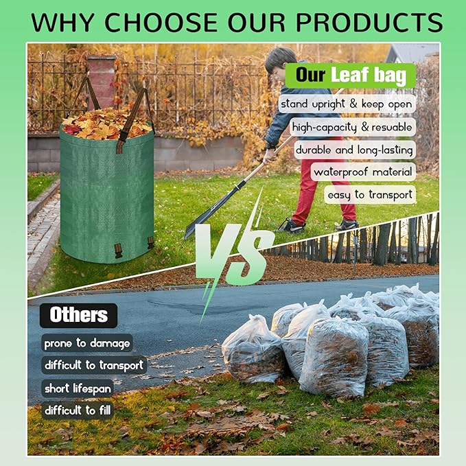 Leaf Collector Bag with Lid, Shoulder Strap, and Drawstring – Reusable Yard Garden Bag for Leaves and Lawn Trash, Perfect for Leaf Removal, Yard Clean-Up (Without lid, 32 Gallon)