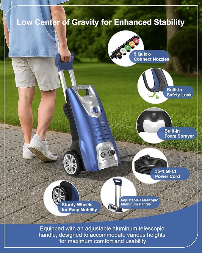 1600W Washer with 5Nozzles Set&Foam Cannon,16ft Hose,Adjustable Handle,Power Washer for Driveways, Cars, Fences, Decks, Patios&Outdoor Cleaning