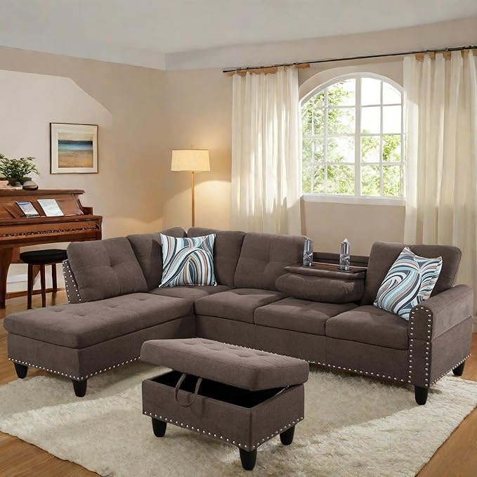 L Shaped Sectional Couch with Otttoman, 97" Sectional Sofa for Living Room Flannel Modular Couches with Cup Holders for Bedroom, Apartments, Brown