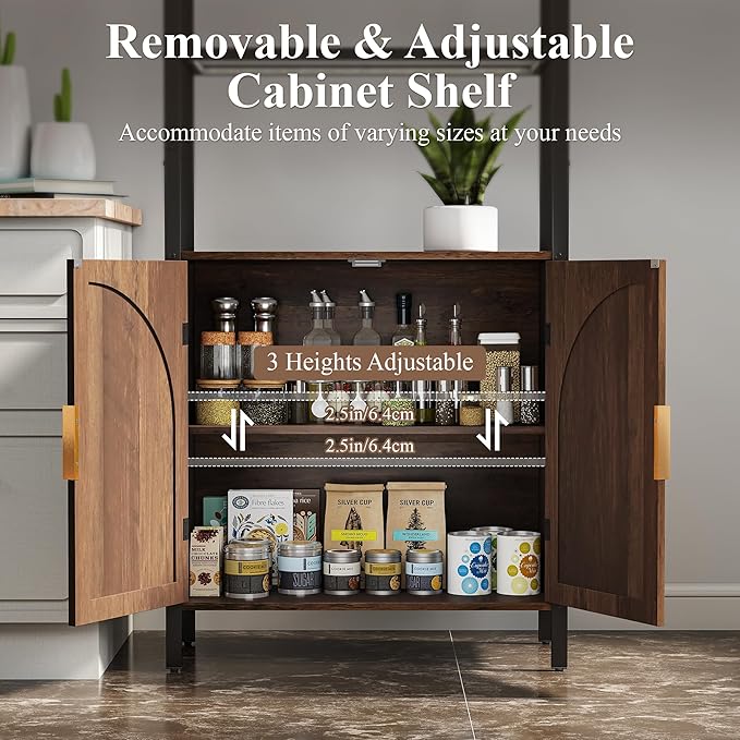Bookshelf with Rattan Doors, 71" Tall Bookcase with Light and Adjustable Shelf, 5 Tier Book Shelf Storage Organizer for Bedroom, Living Room and Home Office