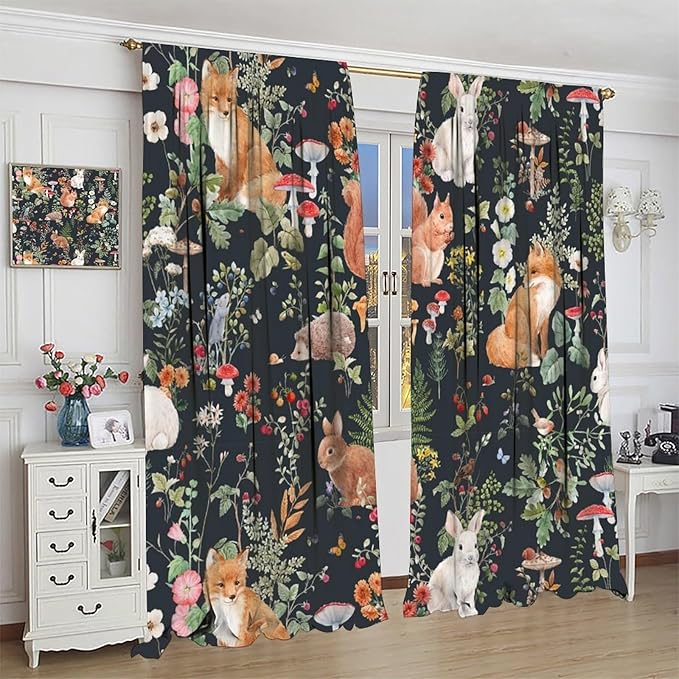 Animal Curtains, Watercolor Forest Animals Plants Pattern Blackout Window Treatments, Rod Pocket Thermal Insulated Drapes 2 Panel Sets for Bedroom Living Room, 72" W X 63" L