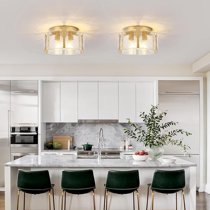 Gold Semi Flush Mount Flush Mount Ceiling Light, 3-Light Drum Glass Ceiling