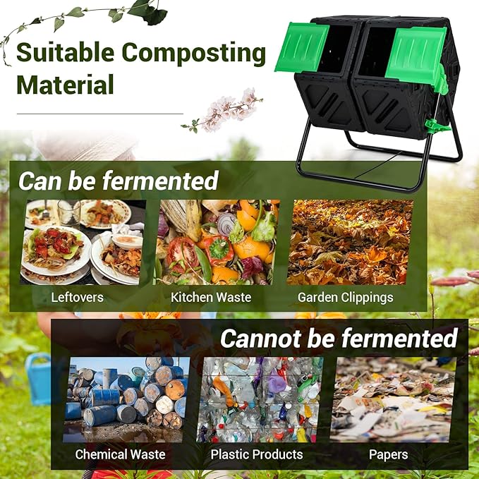 Goplus Compost Bin, Dual Chamber 34.5 Gal Compost Tumbler with 2 Rotating Chambers, Sliding Doors, High-Volume Outdoor Garden Composter, Rotating Composting Bin for Garden Yard, BPA Free