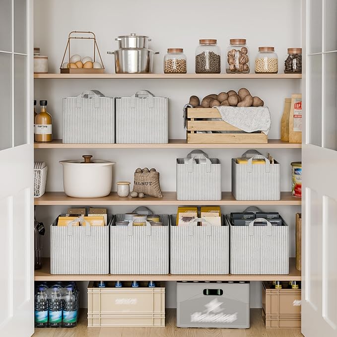 StorageWorks Storage Bins, Fabric Storage Bins for Shelves, Extra Large Storage Baskets with Metal Frame, Closet Baskets and Bins with Handles, Jumbo, Gray and White Stripes, 2-Pack
