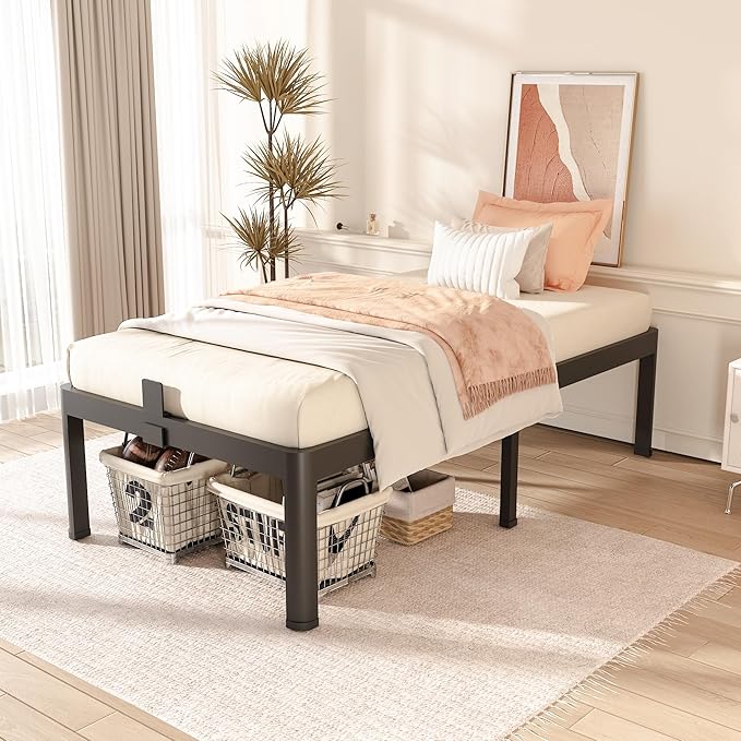 FUIOBYVV Twin Bed Frames with Round Corner Edge Legs 18 inch High 3500 lbs Heavy Duty Metal Platform Bed Frame Twin Size No Box Spring Needed/Non-Slip/Steel Slat Support/Noise Free