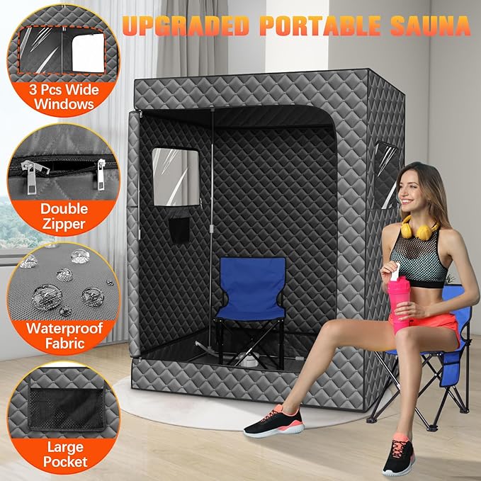 Upgraded 2 Person Portable Sauna, Portable Steam Sauna for Home, Personal Sauna Box Full Body with 1000W 2.6L Steam Generator, 99 Minute Timer, 2 Folding Chairs, Remote Control Included(Grey)