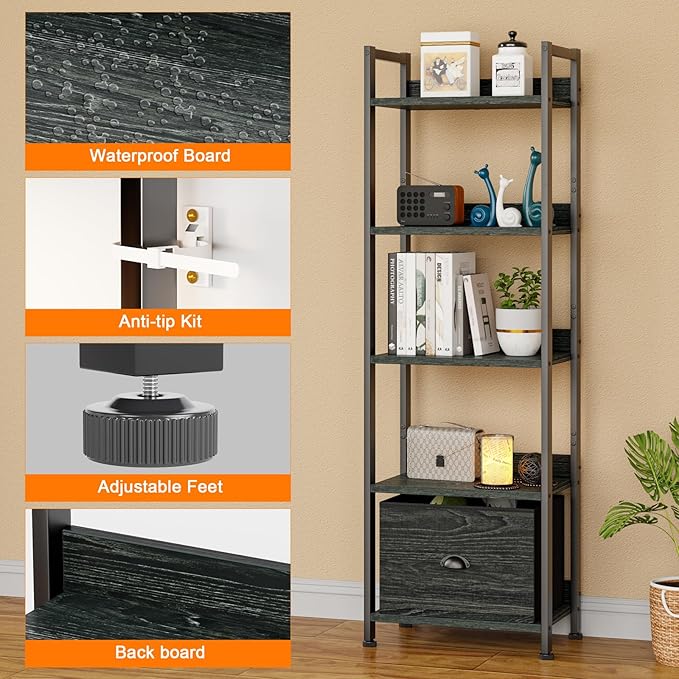 Furologee 5 Tier Bookshelf with Drawer, Kitchen Bakers Rack with Storage, Tall Narrow Bookcase, Industrial Free Standing Display Shelf, Wood and Metal Book Shelf for Bedroom, Living Room, Black