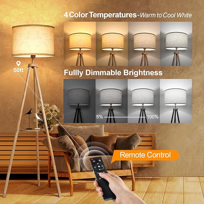 OUTON Wood Tripod Floor Lamp with Shelves, Mid Century Floor Lamp with Remote Control,4 Color Temperature, LED Modern Dimmable Standing Lamp with Beige Linen Shade for Living Room, Bedroom, Office