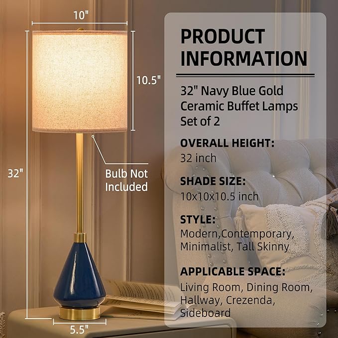 32" Blue Gold Buffet Table Lamps