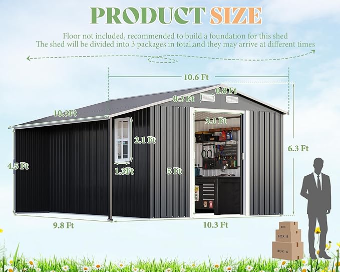 AMERLIFE 10.6x10.3x6.3 FT Galvanized Metal Storage Shed with Open Firewood Storage Area, Sliding Doors & Ramp, 2 Windows & Vents, Weather-Resistant Outdoor Tool/Garden Shed, Dark Gray