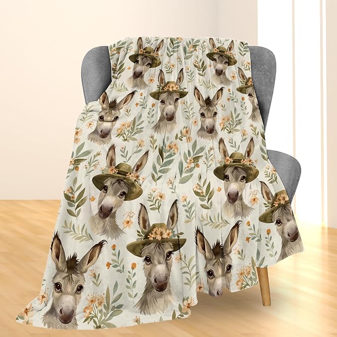Charming Donkey in Hat & Floral Blanket, Soft Warm Flannel Throw for Couch, Bed, Travel, Living Room & Home Decor, Cozy Lightweight Fuzzy Blankets for Adults Kids Women Boys Girls 80×60 in