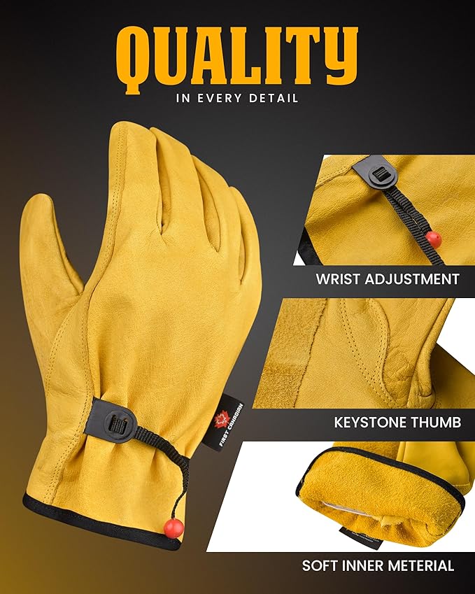 6 Pair Heavy Duty Leather Work Gloves for Men & Women – Adjustable Strap Cowhide Construction & Yard Leather Gloves – Puncture Resistant Safety Gloves for Landscaping & Outdoor Use (L)