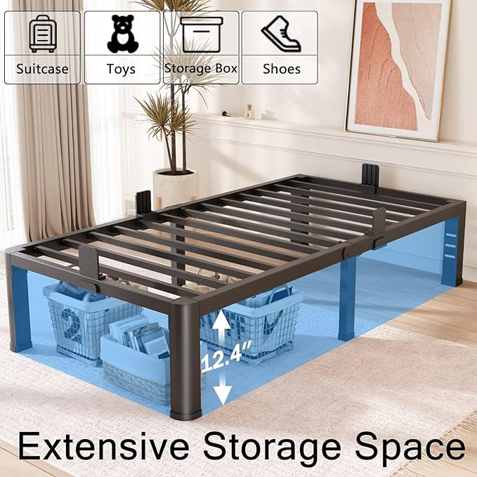 FUIOBYVV 14 Inch Twin Bed Frame with Rounded Corner and Headboard Hole Mattress Retainers 3500 LBS Metal Heavy Duty Steel Slats Support No Box Spring Needed Platform Noise Free Easy Assembly