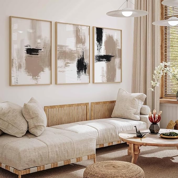 Joocrise Beige Abstract Wall Art Painting Set of 3 Neutral Canvas Wall Art Prints Black Beige Modern Wall Decor Minimalist Art Pictures Abstract Modern Artwork for Room Bedroom 12x16 Inch Unframed