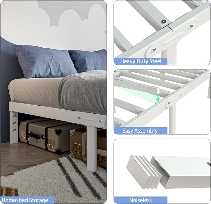 White Bed Frame Queen Size 14 Inch, Metal Queen Bed Frame No Box Spring Needed, Heavy Duty Steel Support 3500 LBS, DIY Headboard, Noiseless, Round Corner Legs, Storage Space, Easy Assembly