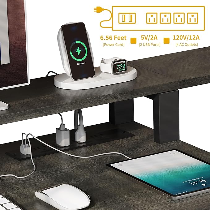DWVO L Shaped Desk with Drawers, 65" Computer Desk with Power Outlets & LED Lights, Corner Home Office Desk with Storage Shelves & Printer Stand, Grey