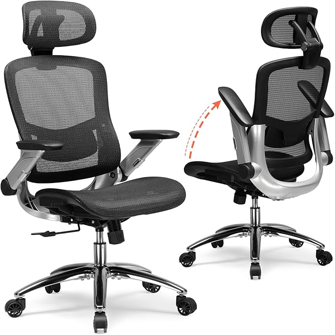 COMHOMA Big and Tall Ergonomic Mesh Office Chair, High Back Home Desk Chair Computer Gaming Chair with Headrest, Flip-Up Arms, 90-125° Tilt Lock and Wide Cushion, Task Chair for Man Woman- Black