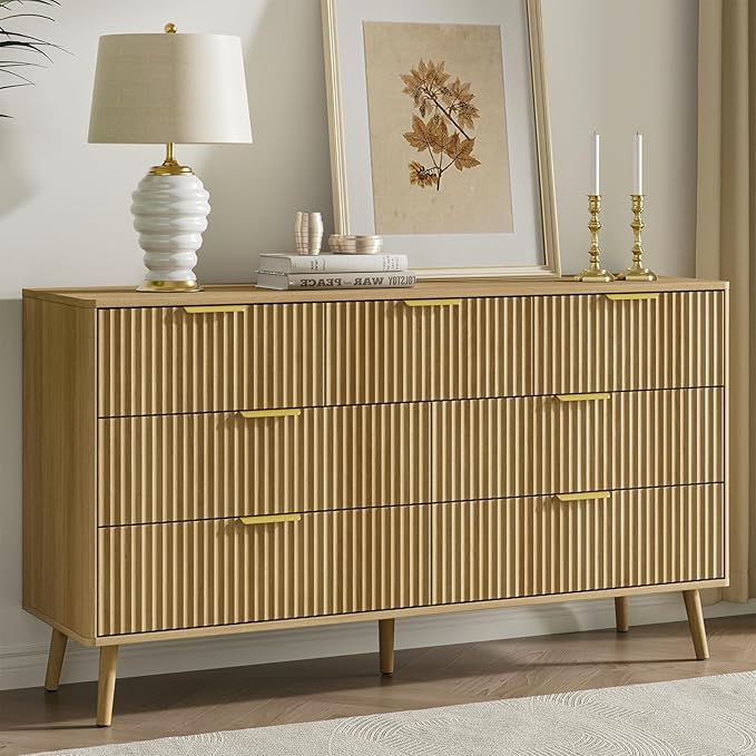 LYNSOM 55" Wide Fluted Dresser for Bedroom with 7 Drawer, Modern Chest of Drawers with Curved Profile Design and Metal Handles, Wood Dresser TV Stand & Storage Organizer for Living Room, Oak