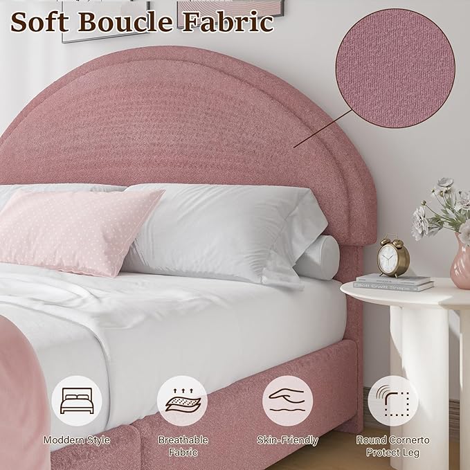 Queen Bed Frame, Upholstered Platform Bed with Headboard, Boucle Bed Frame with Round Conner, No Box Spring Required, Easy Assembly, Pink