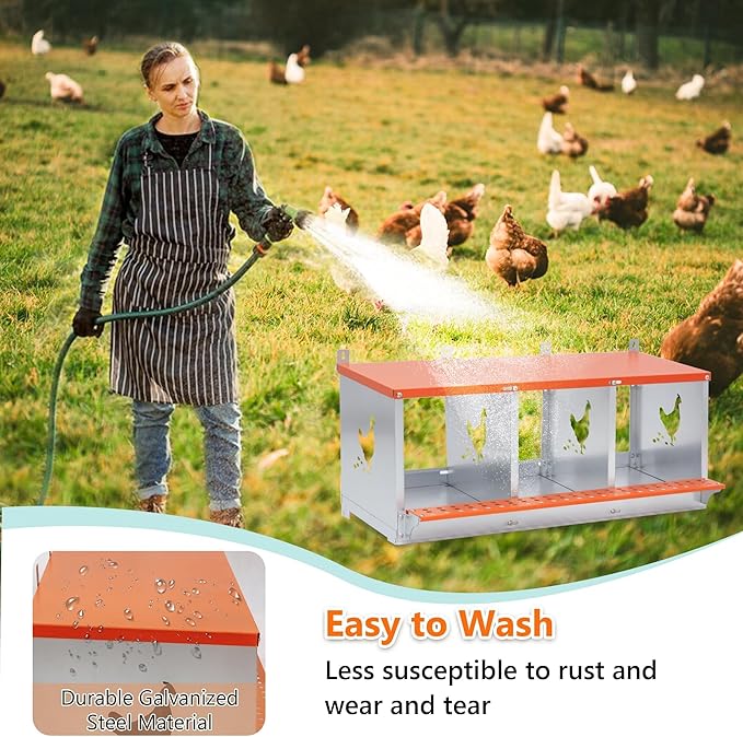 3 Bay Metal Nesting Box, Orange Wall Mount Chicken Nest for Hens & Ducks, Heavy Duty Galvanized Steel with Hen-Shaped Vents & Coconut Fiber Pad, Easy Tool-Free Assembly (Orange/Silver)