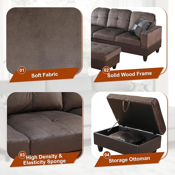 Osparple L Shaped Couch Sectional Couches for Living Room Upholstered Flannel 3 Pieces Modular Sectional Sofa with Chaise, Ottoman with Storage for Living Room and Small Apartment, Deep Brown