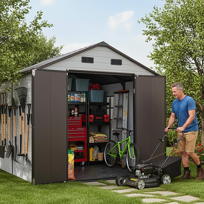 8x8ft Resin Outdoor Storage Shed with Floor and 2 Windows, Plastic Sheds & Outdoor Storage Clearance for Patio Furniture, GardenTools, Bike Accessories and Lawn Mower, Brown+White