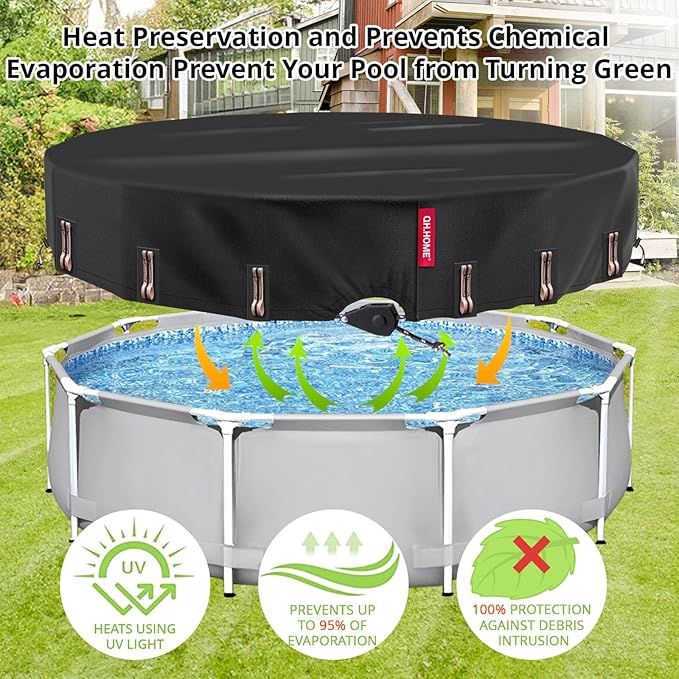 QH.HOME 10Ft Round Pool Cover with Fast Tightening Patented Ratchet, Solar Pool Cover for Above Ground Pools, One-Piece Tear Resistant Swimming Pool Cover Protector with Upgraded Ultimate Windproof