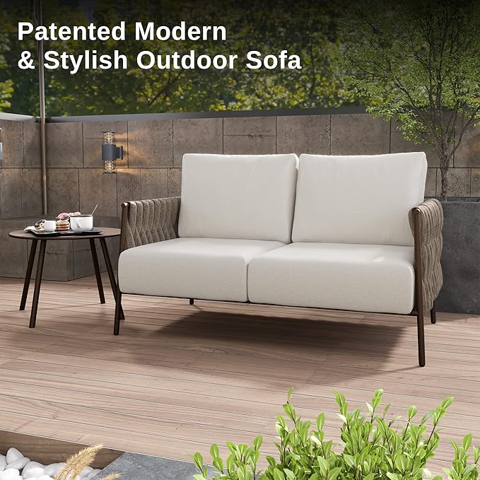 EAST OAK Life Chatter Loveseat, Outdoor Furniture, Deep Seating for Garden, Balcony, Backyard, Chestnut Brown & Creamy Apricot