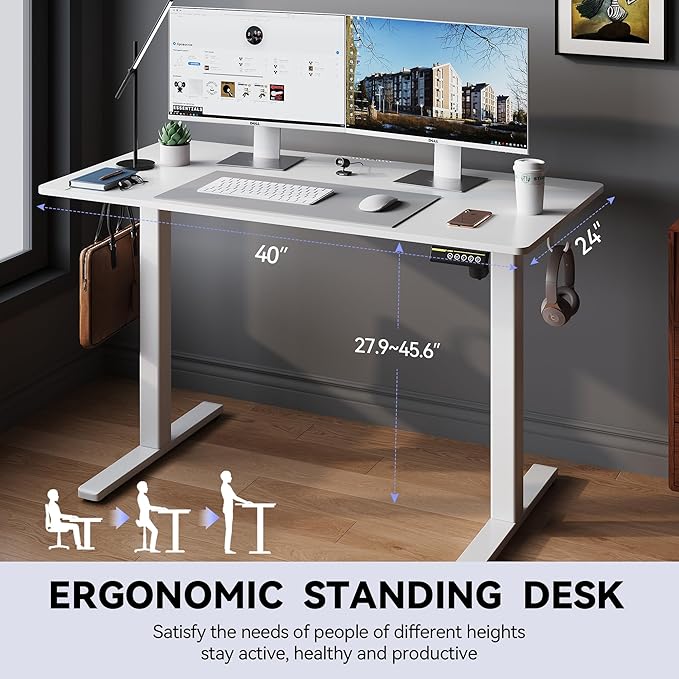 Electric Standing Desk Adjustable Height 40"x24" Stand Up Desk with Lockable Wheels Ergonomic Sit Stand Desk for for Work Office Home Computer Workstation (White)